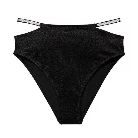 Victorias Secret Swim Bikini Bottom Black High Waist Shine Strap Cut Out Cheeky - Picture 1 of 3